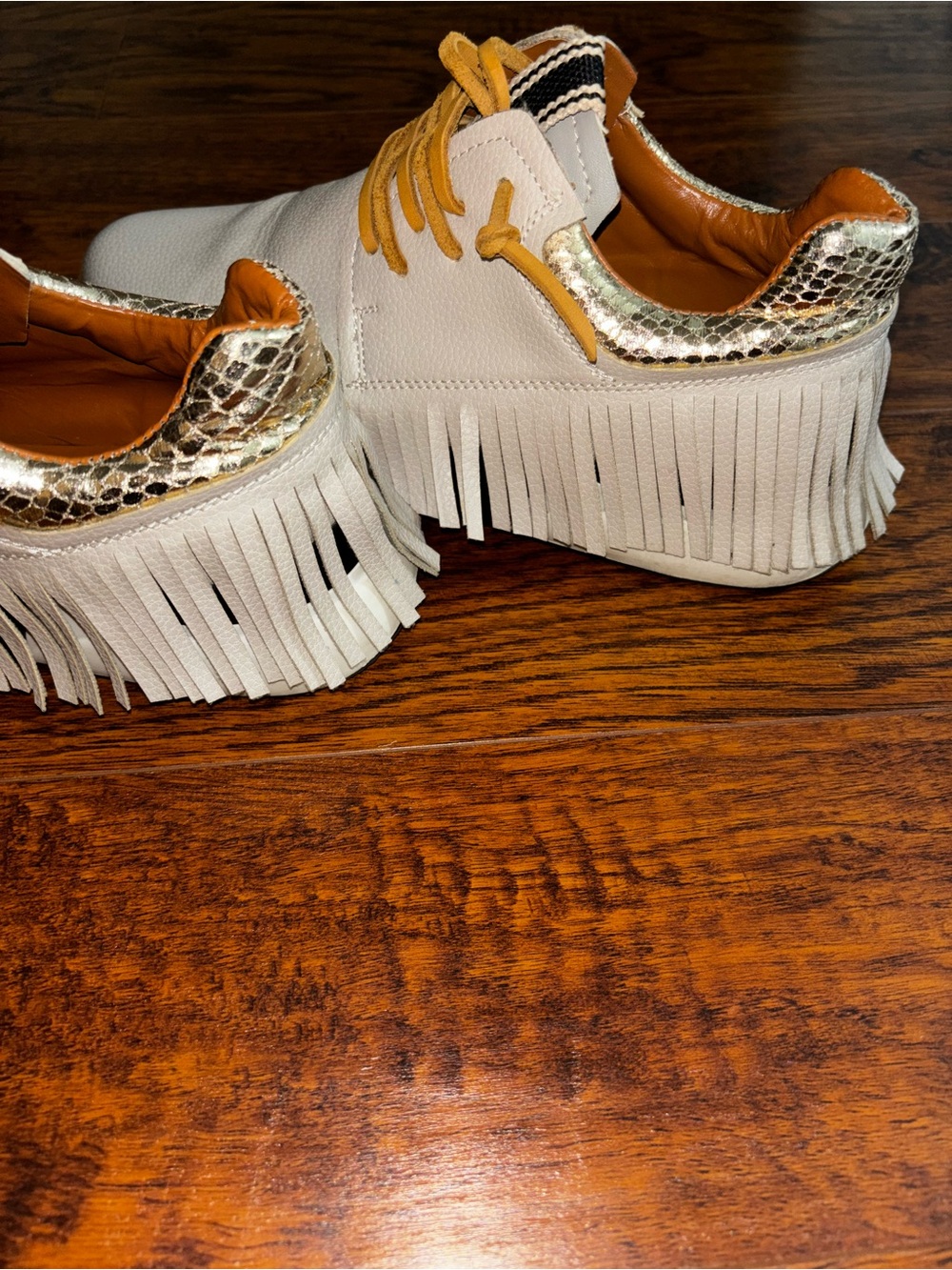 ShuShop Pepa Fringe Sneakers Gold Snakeskin Heel Bone Tan Western Shoes - Picture 6 of 14
